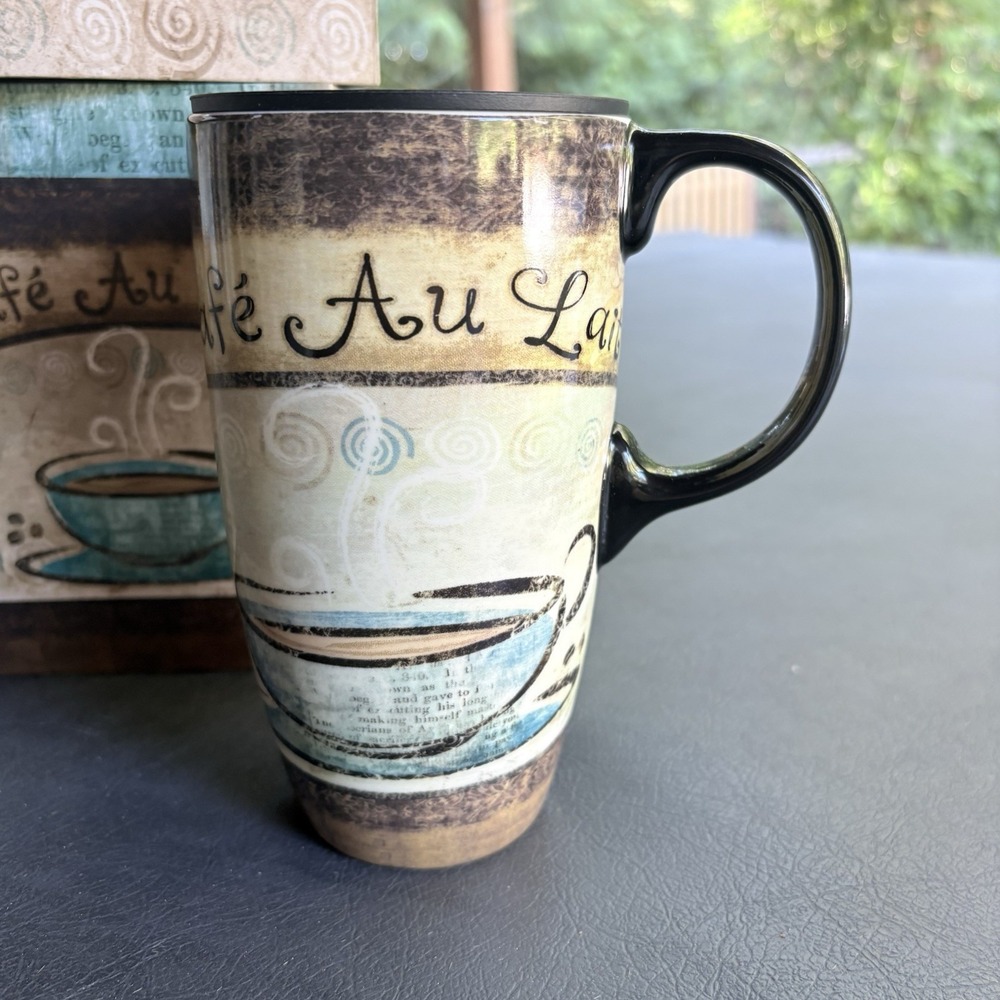 Topadorn 17oz Ceramic Travel Mug Lid Boxed Art Microwave Coffee